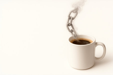 A mug of coffee with steam in the form of a chain. Space for textの素材