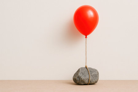 A red balloon tied to a rock. Space for textの素材
