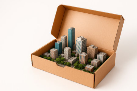 A cardboard box with a model of the city. Space for textの素材
