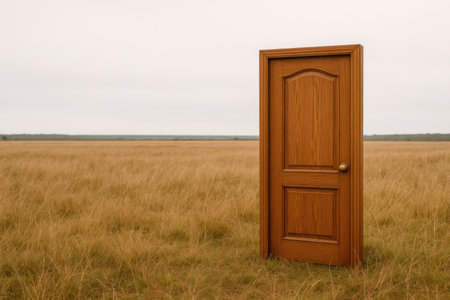 A wooden door standing in the middle of a field. Space for textの素材