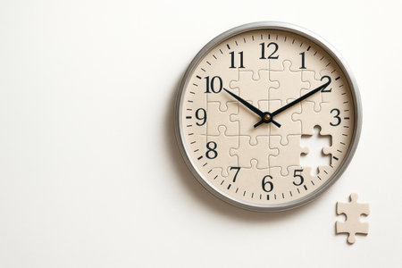 A puzzle clock with a missing piece. Space for textの素材