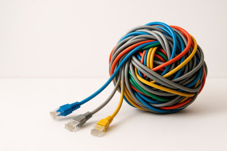 A sphere made of network cables with connectors. Space for textの素材