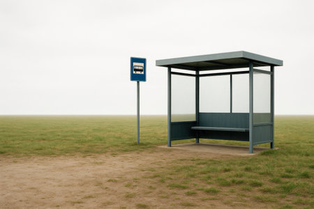 An empty bus stop in the middle of an endless fieldの素材