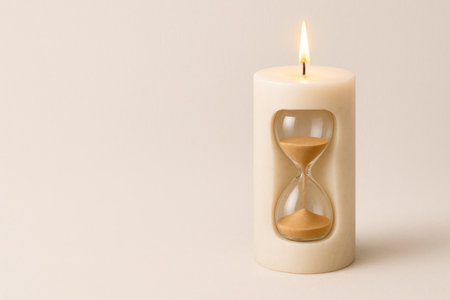 A burning candle with a built-in hourglass. Space for textの素材