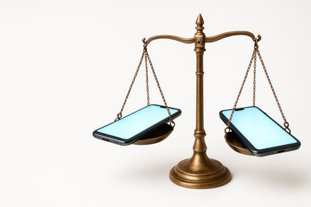 Scales with two smartphones instead of bowls. Space for textの素材