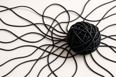 A ball of black wires with sprawling cablesの素材