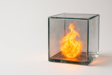 A glass cube with a burning flame inside. Space for textの素材