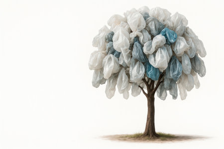 A tree with a crown made of plastic bags. Space for textの素材