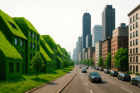 A street with green houses among gray skyscrapersの素材