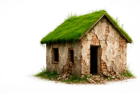 A ruined house with green grass on the roof. Space for textの素材