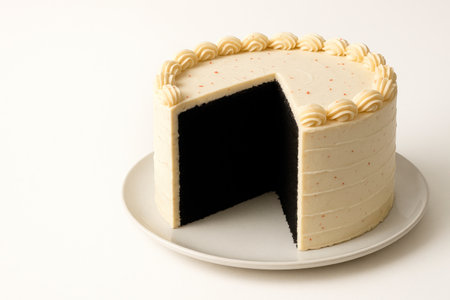 A cake with a cut, inside which there is emptiness. Space for textの素材