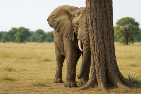 An elephant hiding behind a treeの素材