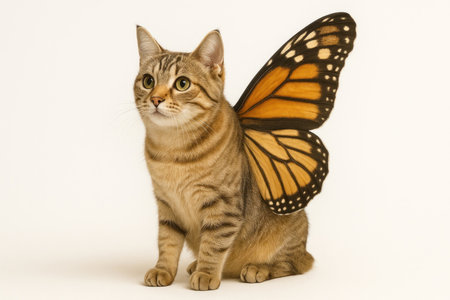 A cat with butterfly wings on a light background. Space for textの素材