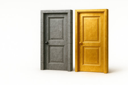 Two doors, stone and gold on a light backgroundの素材