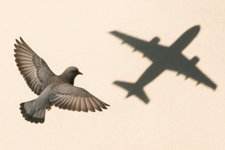 A pigeon flies next to the shadow of an airplaneの素材