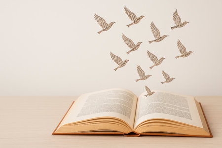 A book from which bird-words fly out. Space for textの素材