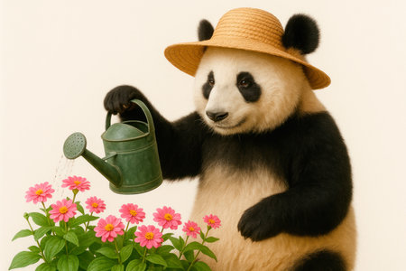 A panda with a watering can watering flowersの素材
