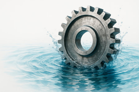 A large metal gear in the water. Space for textの素材