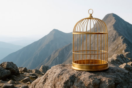 An empty golden cage on the top of a mountain. Space for textの素材