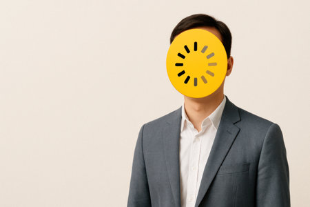 A man in a suit with a face in the form of a yellow smiley download. Space for textの素材