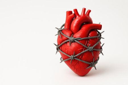 A red heart wrapped in barbed wire. Space for textの素材