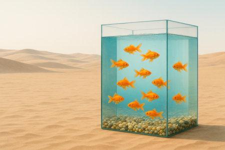 Goldfish aquarium in the middle of the desert. Space for textの素材