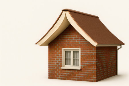 The house is made of brick with a roof in the form of a book. Space for textの素材