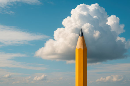 A pencil in the form of a skyscraper goes into the clouds. Space for textの素材