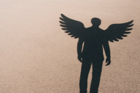 The shadow of a man with angel wings. Space for textの素材