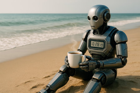 Robot with a cup of coffee on the beach. Space for textの素材