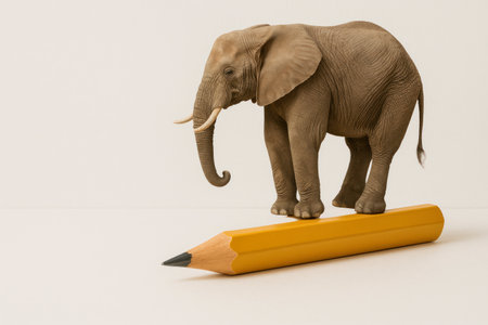 An elephant balancing on a large pencil. Space for textの素材
