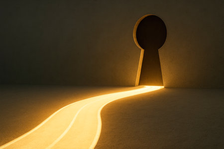 Keyhole with a beam of light in the dark. Space for textの素材