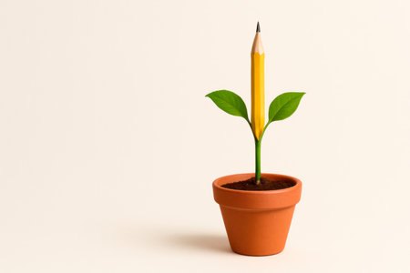 A pencil growing like a plant in a flower pot. Space for textの素材