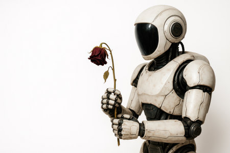 A robot holds a withered rose in his hands. Space for textの素材