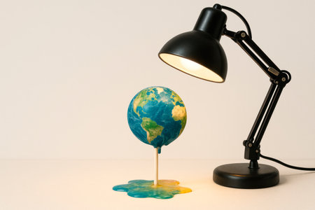 The globe melts under the table lamp. Space for textの素材
