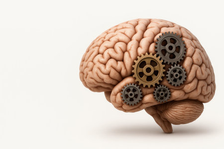 A brain with metal gears inside. Space for textの素材