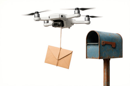 The drone delivers the envelope to the mailbox. Space for textの素材