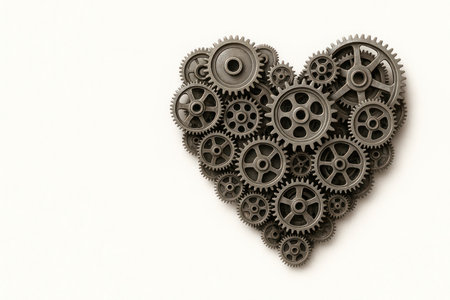 A heart made of metal gears. Space for textの素材
