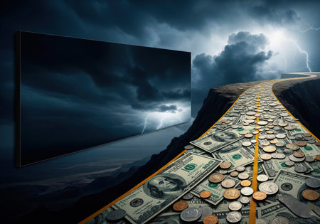 The road of money goes into the stormy sky. Space for textの素材