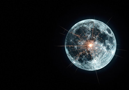 A moon with cracks and a bright flash in the center. Space for textの素材