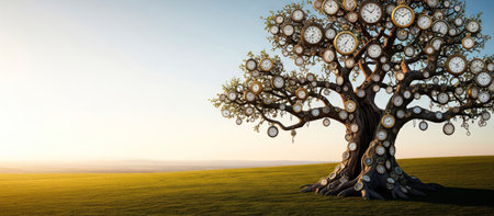 A tree covered with many clocks. Space for textの素材