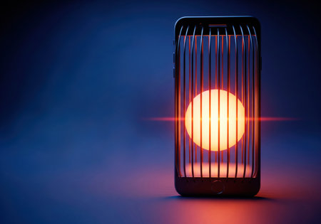Smartphone with the sun in a cage. Space for textの素材