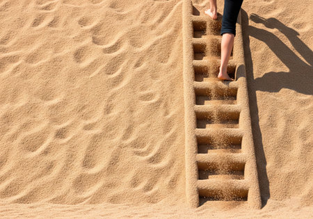 A person climbs a ladder made of sand. Space for textの素材