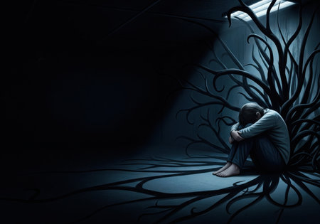 A man sits on the floor in a dark room with black roots. Space for textの素材