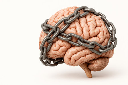 A brain entangled in a heavy metal chain. Space for textの素材