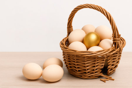 A basket with eggs and one golden egg. Space for textの素材