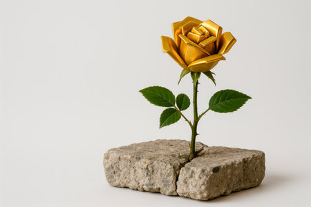 A golden rose that sprouted from a crack in the stone. Space for textの素材