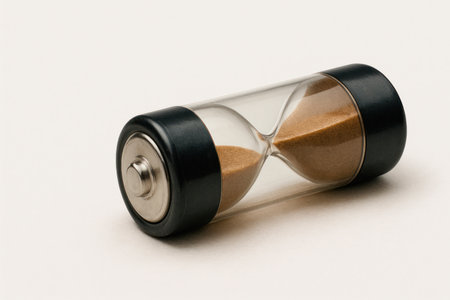 An hourglass in the shape of a battery with sand inside. Space for textの素材