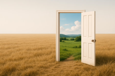 A door to the field leading to a green landscape. Space for textの素材