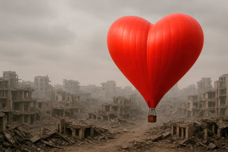 A red heart-shaped balloon among the ruins of the cityの素材